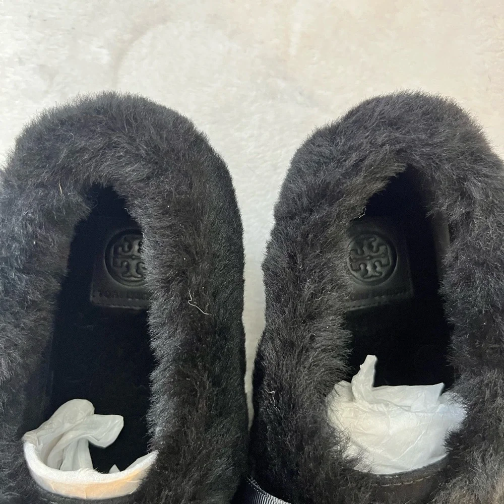 Tory Burch Aberdeen Shearling Slippers Black Suede Bow NIB Size 8